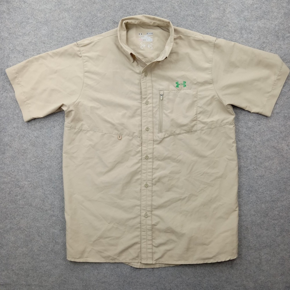 Under Armour Shirt Mens Medium Beige HeatGear Button‎ Front Short Sleeve Outdoor